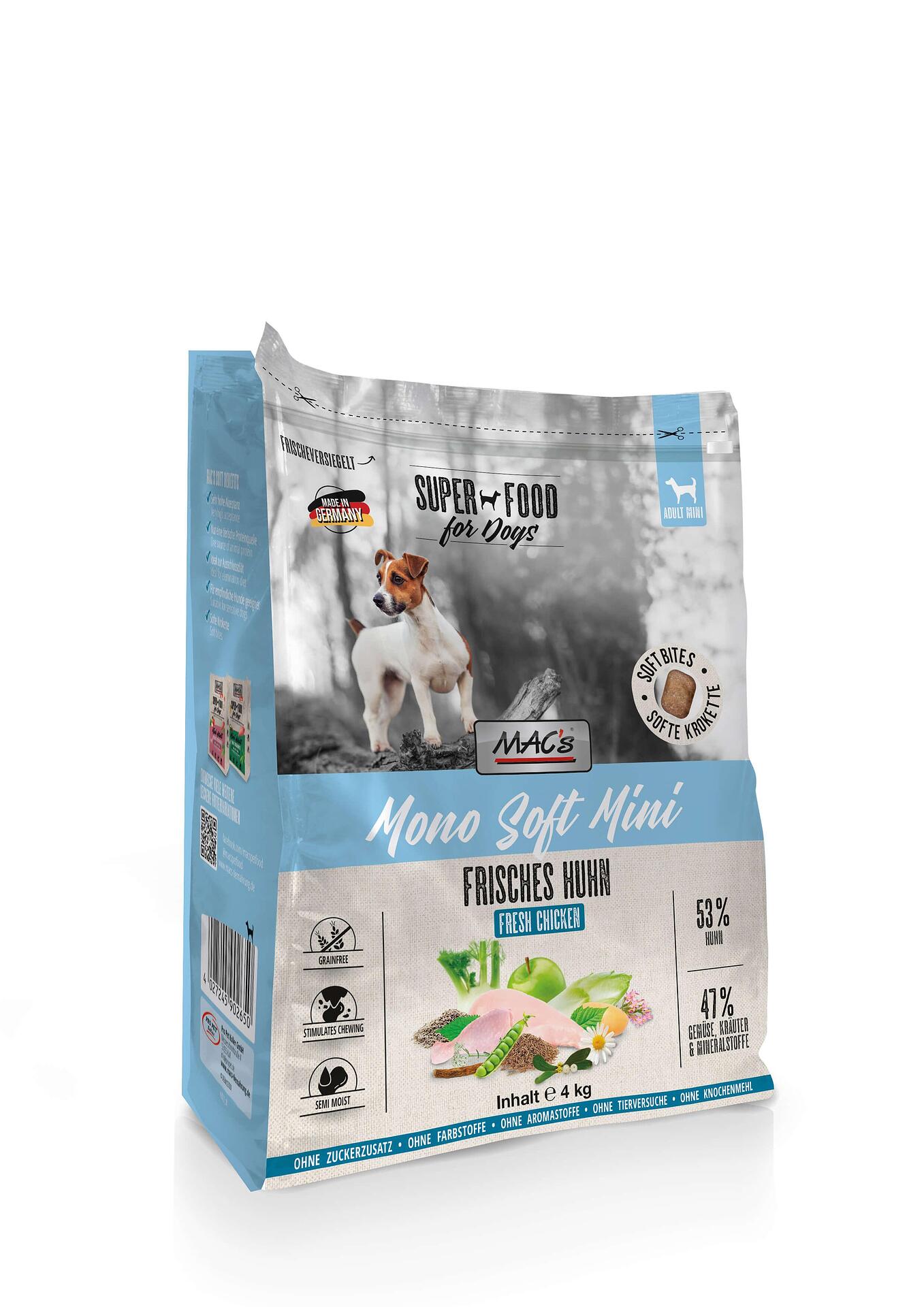 Mac's Mono Soft Fresh Chicken Mini мека монопретеинна гранулирана храна с пилешко месо за дребни породи кучета с чувствителен стомах и/или капризен апетит